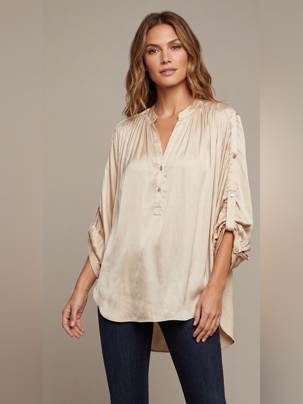 BCBGMAXAZRIA Champagne Satin Roll Tab Blouse Tunic Top Beige Gold‎ M/L